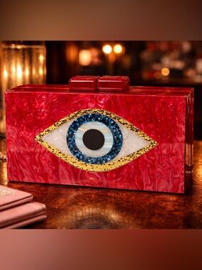 Red Evil Eye Acrylic Clutch with Blue & Gold Accents